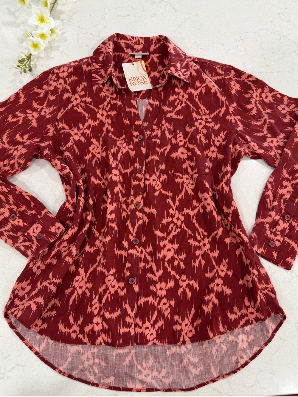 Knox Rose Rust Floral Long-Sleeve Button Front Tee